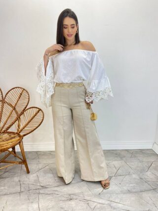 Cropped Feminino Bia Ombro a Ombro Branco com Manga Ampla - Fernanda Ramos Store