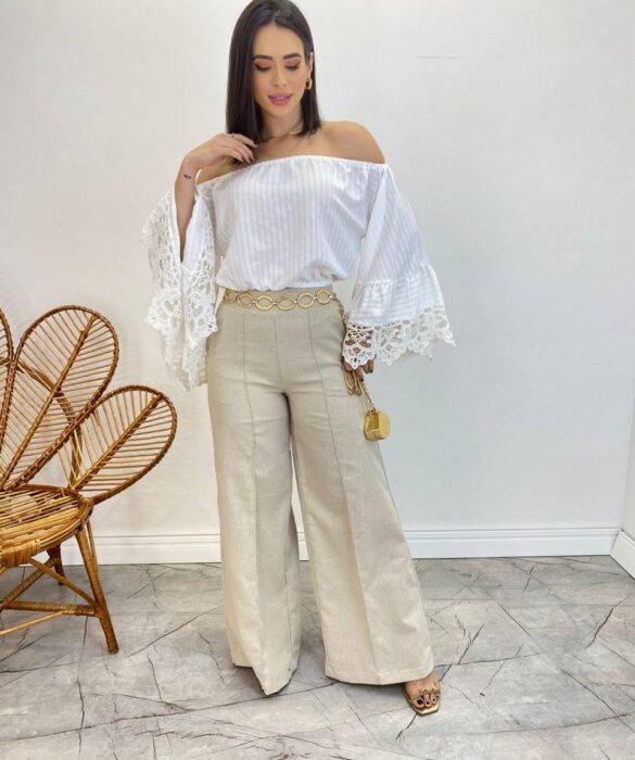 Cropped Feminino Bia Ombro a Ombro Branco com Manga Ampla - Fernanda Ramos Store