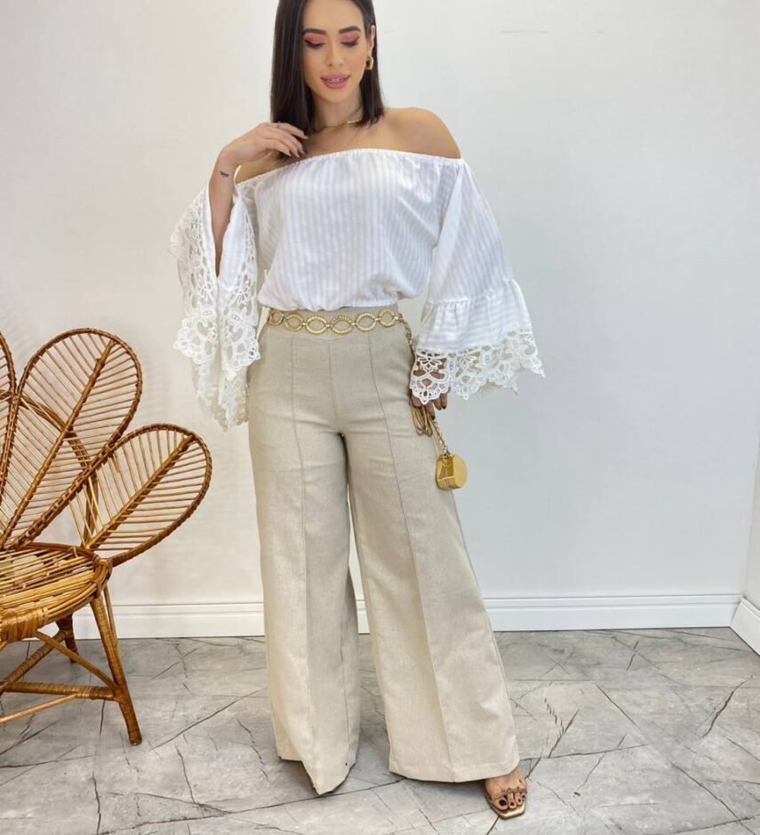 Cropped Feminino Bia Ombro a Ombro Branco com Manga Ampla - Fernanda Ramos Store
