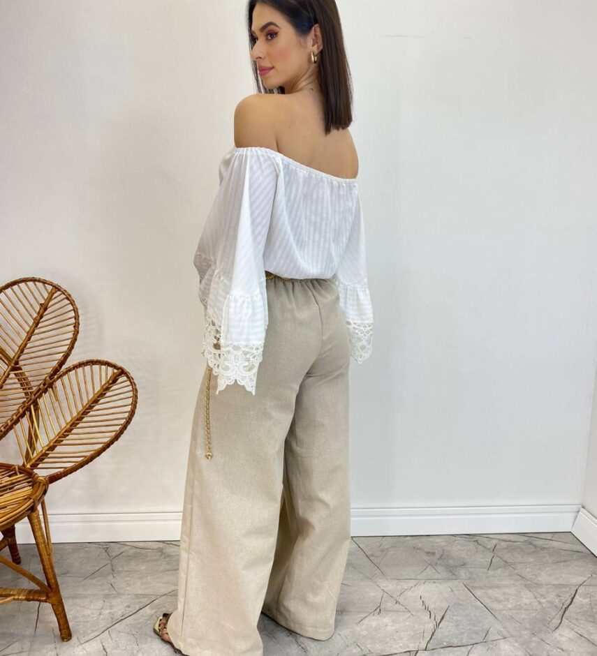 Cropped Feminino Bia Ombro a Ombro Branco com Manga Ampla - Fernanda Ramos Store