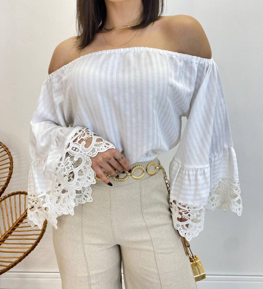 Cropped Feminino Bia Ombro a Ombro Branco com Manga Ampla - Fernanda Ramos Store
