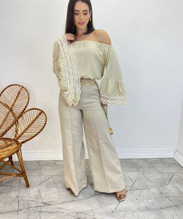 Cropped Feminino Bia Ombro a Ombro Nude com Manga Ampla - Fernanda Ramos Store