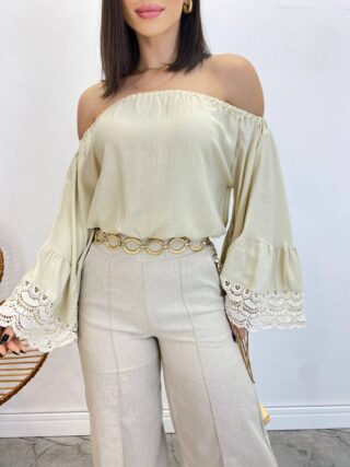 Cropped Feminino Bia Ombro a Ombro Nude com Manga Ampla - Fernanda Ramos Store