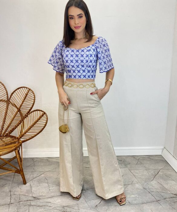 Cropped Feminino com Bojo de Laise Branco Bordado de Azul - Fernanda Ramos Store