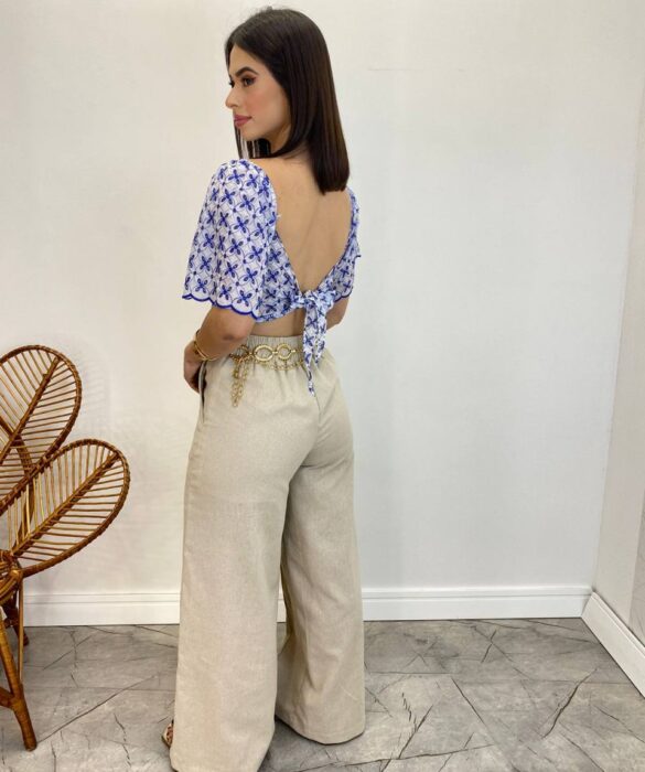 Cropped Feminino com Bojo de Laise Branco Bordado de Azul - Fernanda Ramos Store