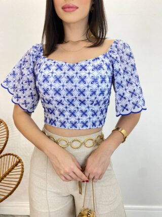 Cropped Feminino com Bojo de Laise Branco Bordado de Azul - Fernanda Ramos Store