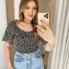 Cropped Feminino com Bojo e Amarração Atrás Preto Bordado - Fernanda Ramos Store