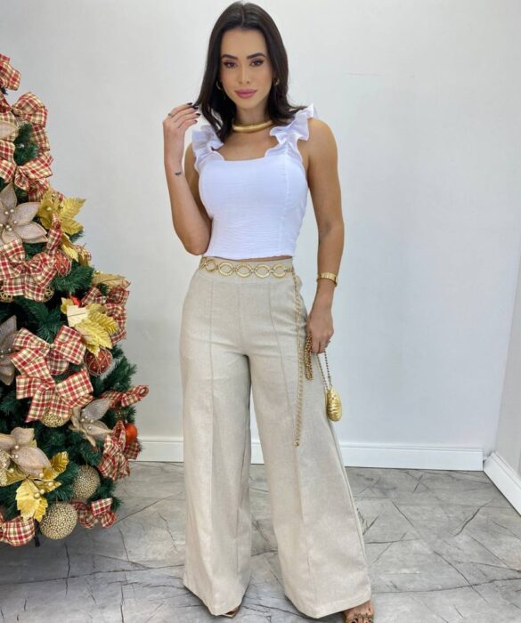 Cropped Feminino com Bojo e Lastex Branco Babado nas Alças - Fernanda Ramos Store