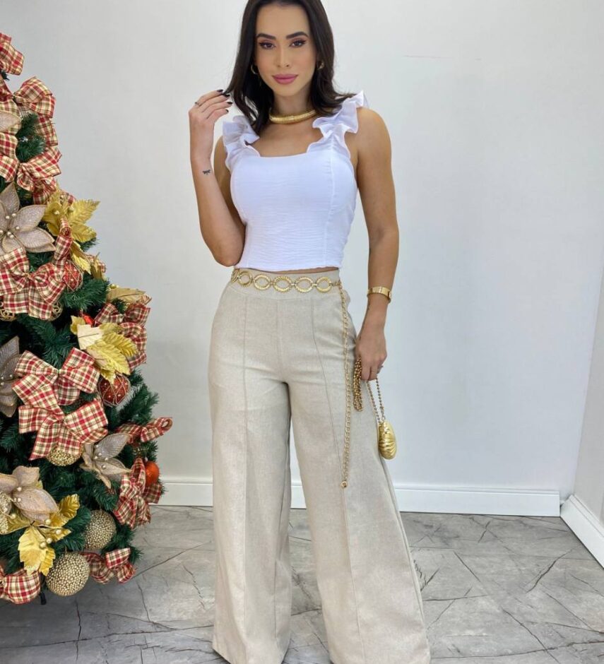 Cropped Feminino com Bojo e Lastex Branco Babado nas Alças - Fernanda Ramos Store