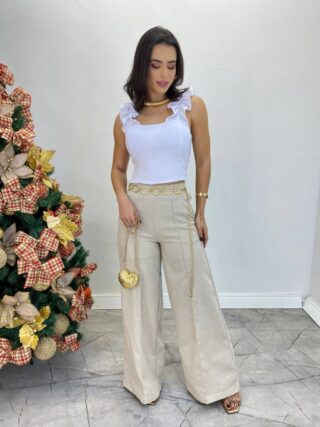 Cropped Feminino com Bojo e Lastex Branco Babado nas Alças - Fernanda Ramos Store