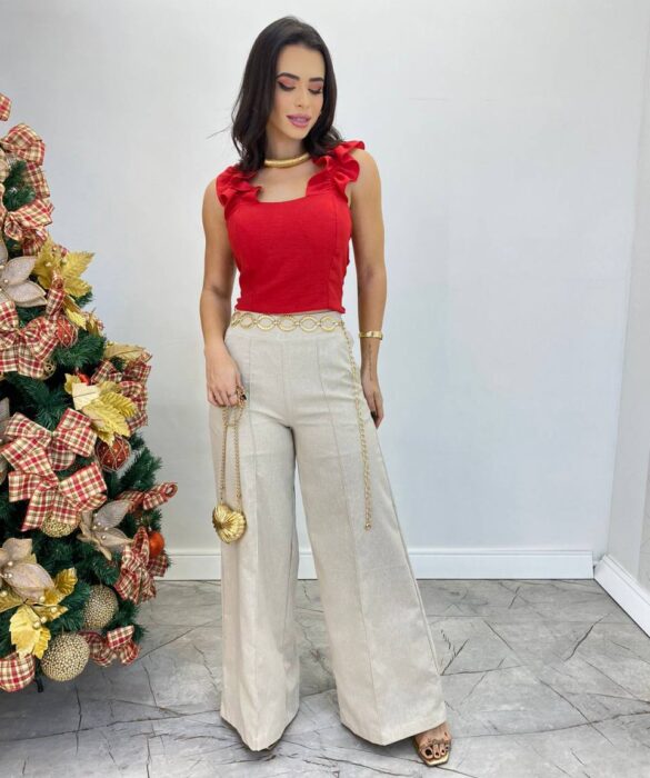 Cropped Feminino com Bojo e Lastex Vermelho Babado nas Alças - Fernanda Ramos Store