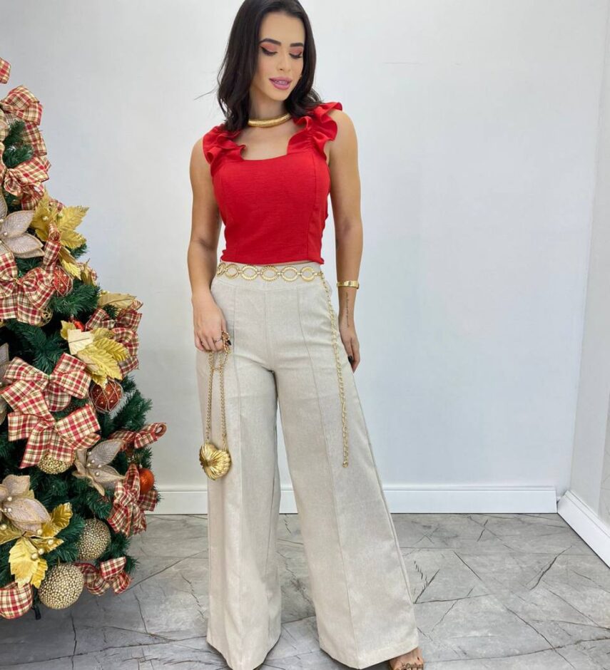 Cropped Feminino com Bojo e Lastex Vermelho Babado nas Alças - Fernanda Ramos Store