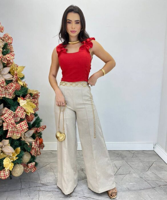 Cropped Feminino com Bojo e Lastex Vermelho Babado nas Alças - Fernanda Ramos Store