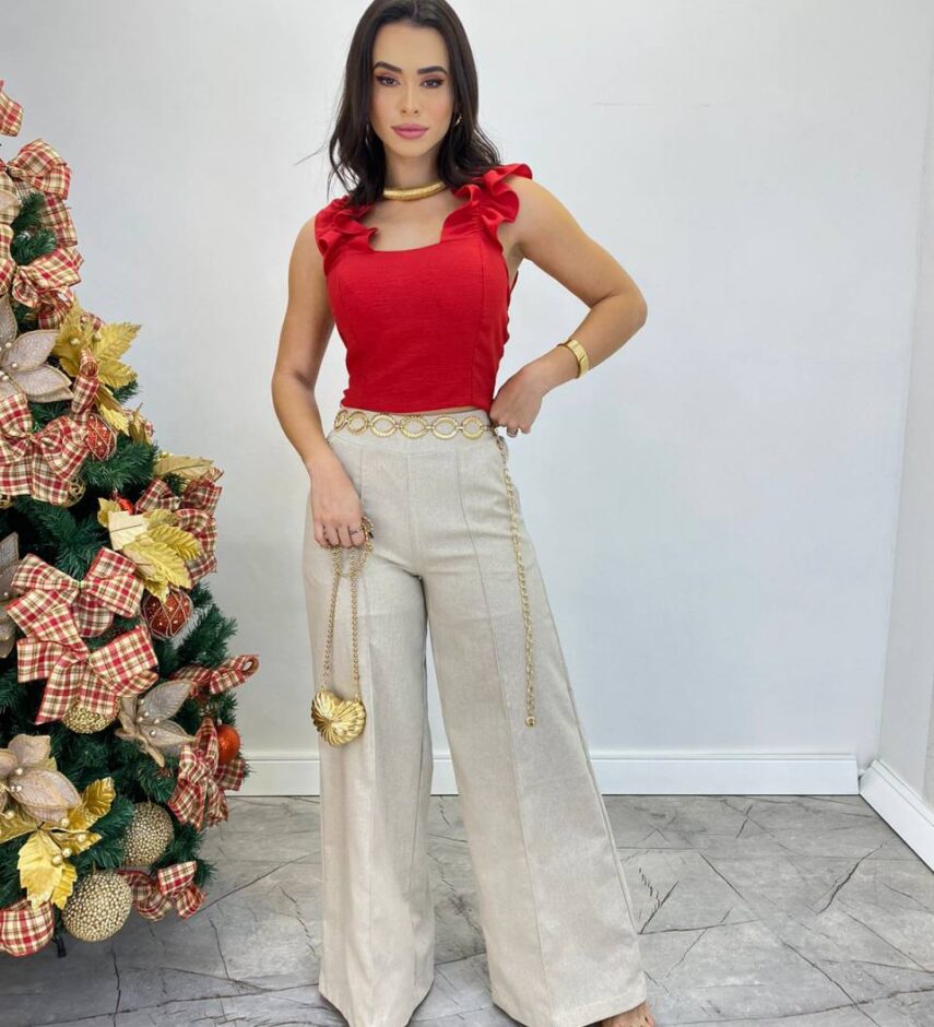 Cropped Feminino com Bojo e Lastex Vermelho Babado nas Alças - Fernanda Ramos Store