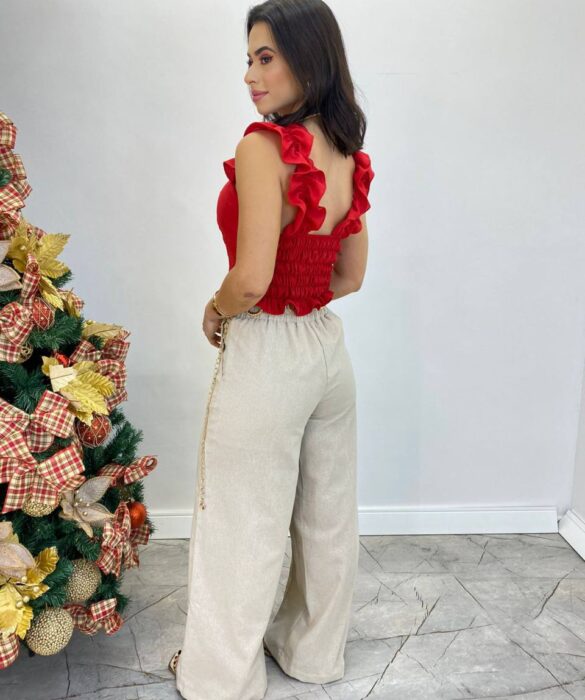 Cropped Feminino com Bojo e Lastex Vermelho Babado nas Alças - Fernanda Ramos Store