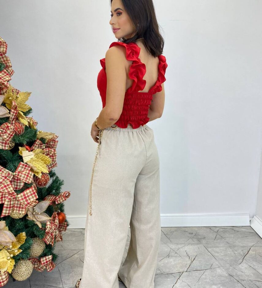 Cropped Feminino com Bojo e Lastex Vermelho Babado nas Alças - Fernanda Ramos Store