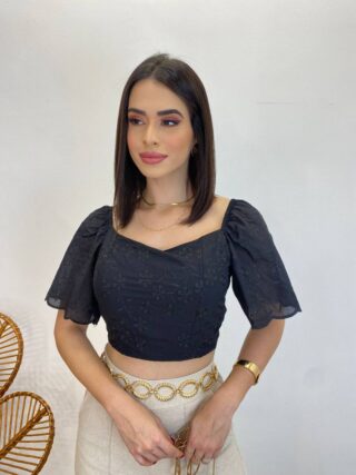 Cropped Feminino com Bojo e Amarração Preto Bordado - Fernanda Ramos Store