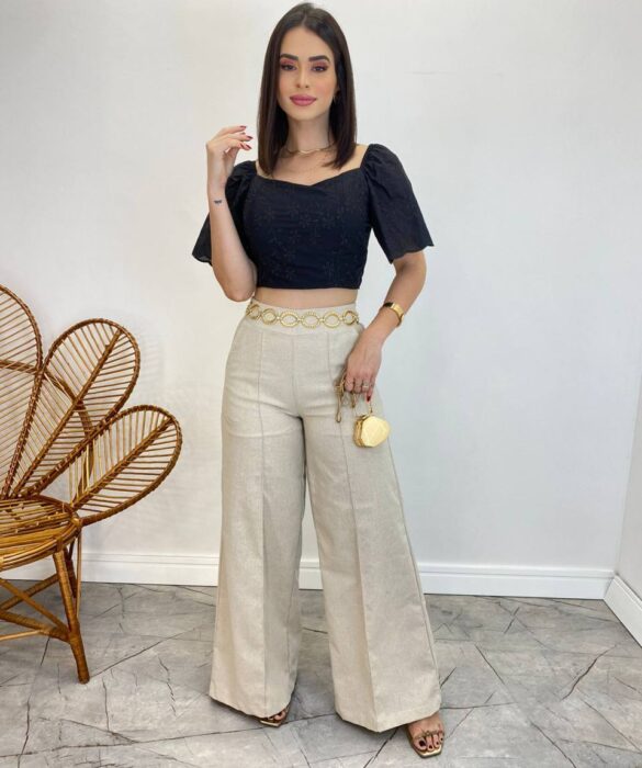 Cropped Feminino com Bojo e Amarração Preto Bordado - Fernanda Ramos Store