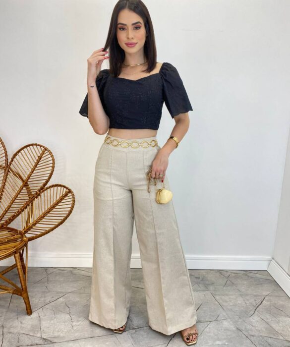 Cropped Feminino com Bojo e Amarração Preto Bordado - Fernanda Ramos Store