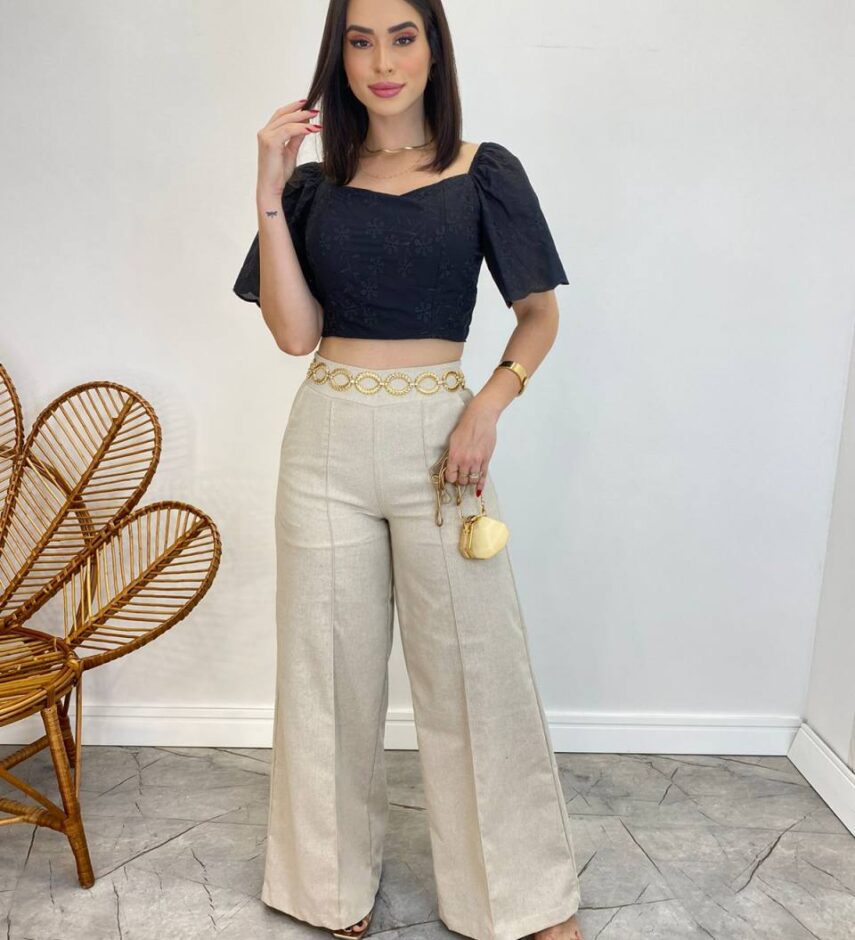 Cropped Feminino com Bojo e Amarração Preto Bordado - Fernanda Ramos Store