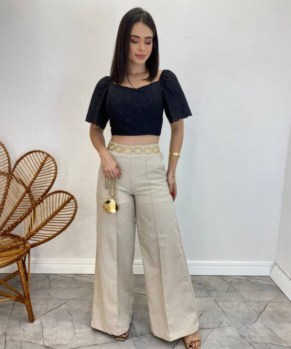 Cropped Feminino com Bojo e Amarração Preto Bordado - Fernanda Ramos Store