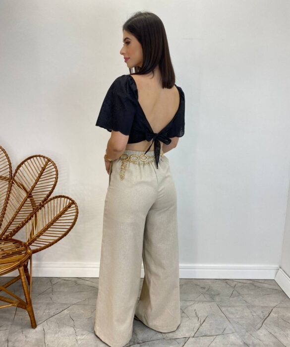 Cropped Feminino com Bojo e Amarração Preto Bordado - Fernanda Ramos Store