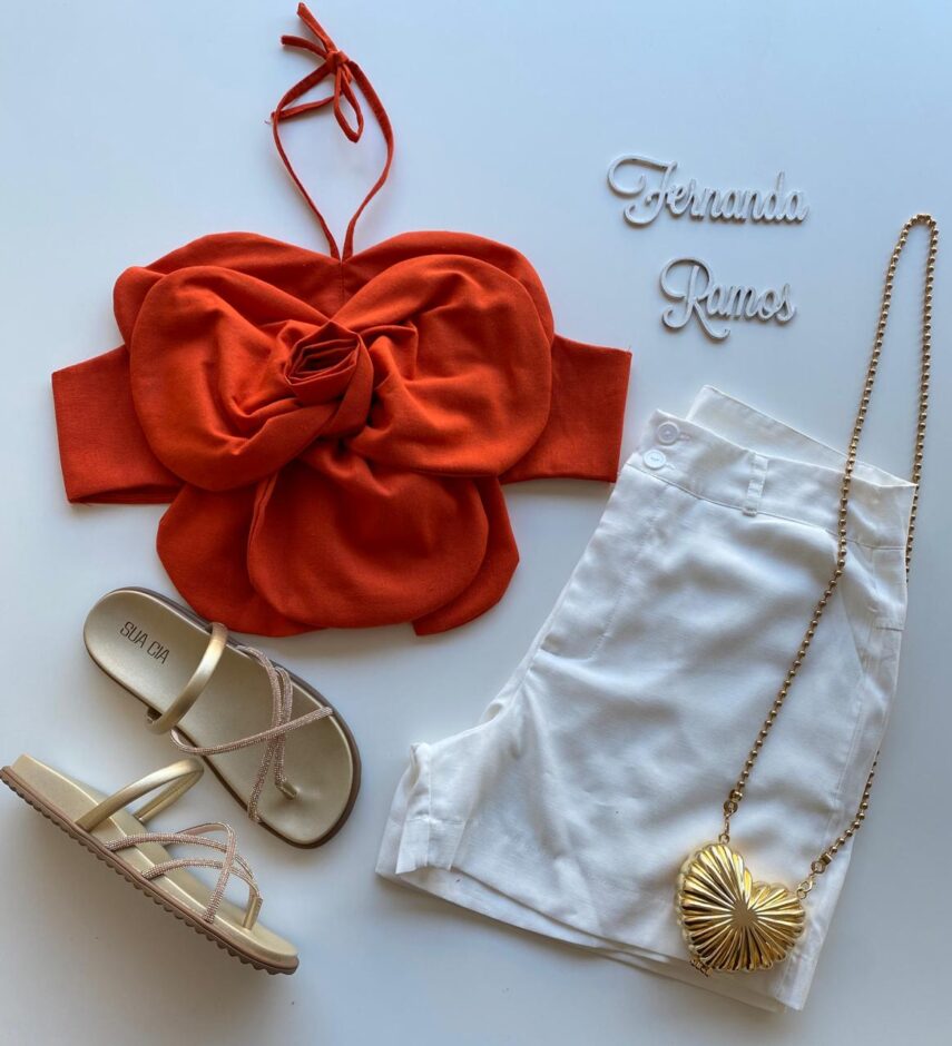 Cropped Feminino Flor sem Bojo com Amarração Coral - Fernanda Ramos Store