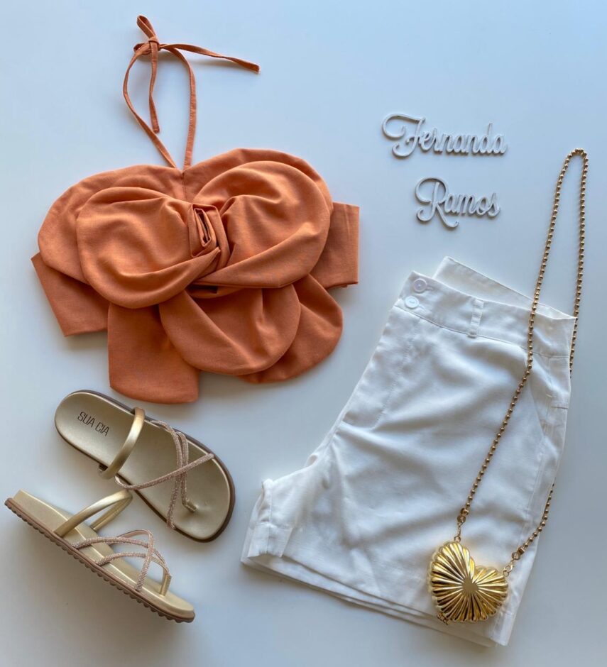 Cropped Feminino Flor sem Bojo com Amarração Laranja - Fernanda Ramos Store