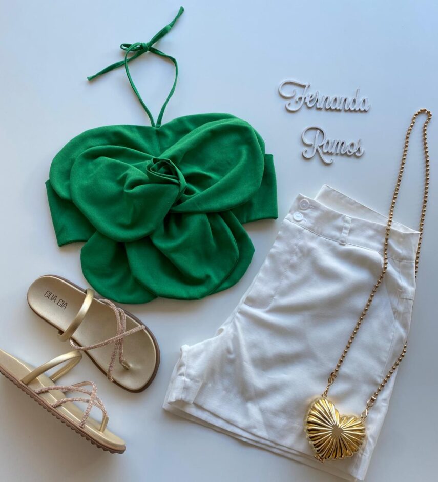 Cropped Feminino Flor sem Bojo com Amarração Verde - Fernanda Ramos Store