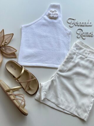 Cropped Feminino Lurex sem Bojo com Detalhe em Flor Branco - Fernanda Ramos Store