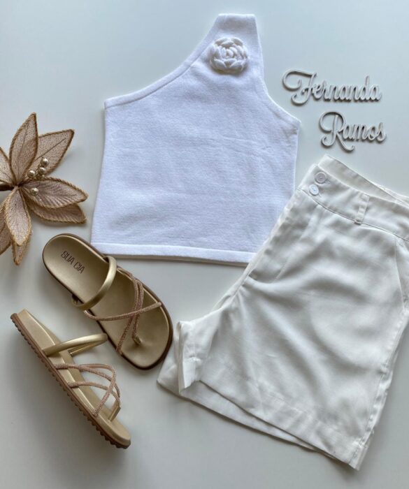 Cropped Feminino Lurex sem Bojo com Detalhe em Flor Branco - Fernanda Ramos Store