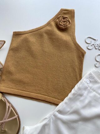 Cropped Feminino Lurex sem Bojo com Detalhe em Flor Dourado - Fernanda Ramos Store