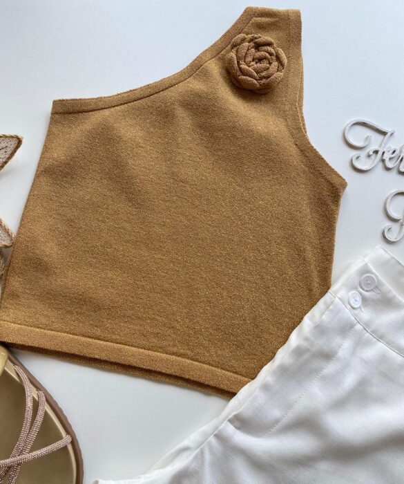 Cropped Feminino Lurex sem Bojo com Detalhe em Flor Dourado - Fernanda Ramos Store