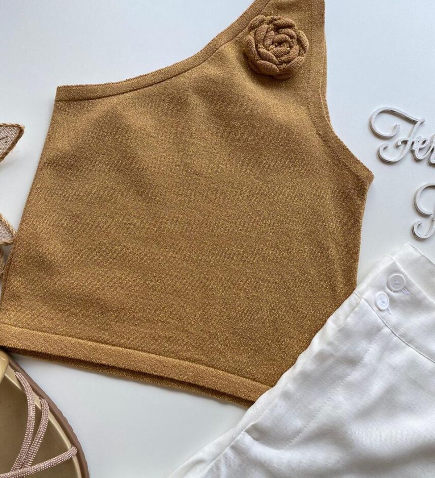 Cropped Feminino Lurex sem Bojo com Detalhe em Flor Dourado - Fernanda Ramos Store
