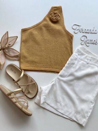 Cropped Feminino Lurex sem Bojo com Detalhe em Flor Dourado - Fernanda Ramos Store