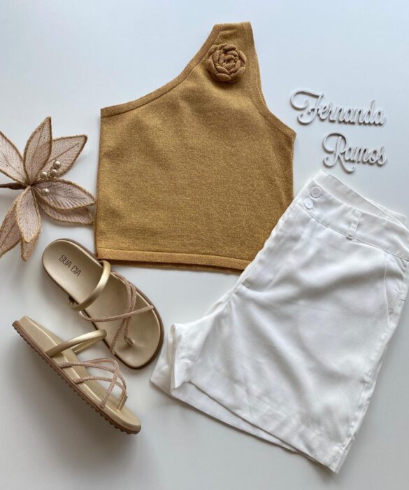 Cropped Feminino Lurex sem Bojo com Detalhe em Flor Dourado - Fernanda Ramos Store