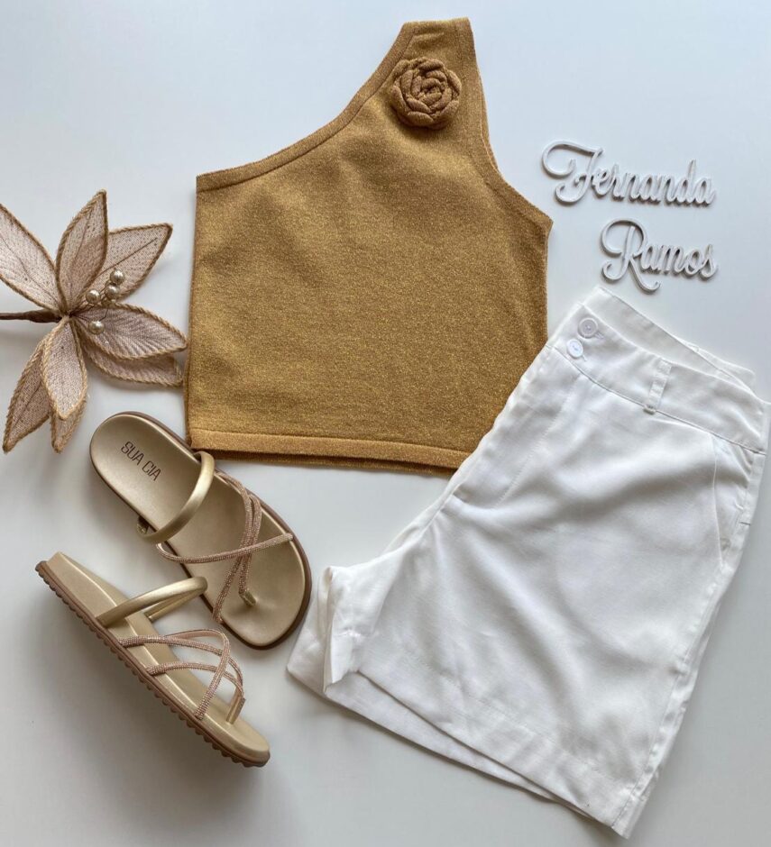 Cropped Feminino Lurex sem Bojo com Detalhe em Flor Dourado - Fernanda Ramos Store