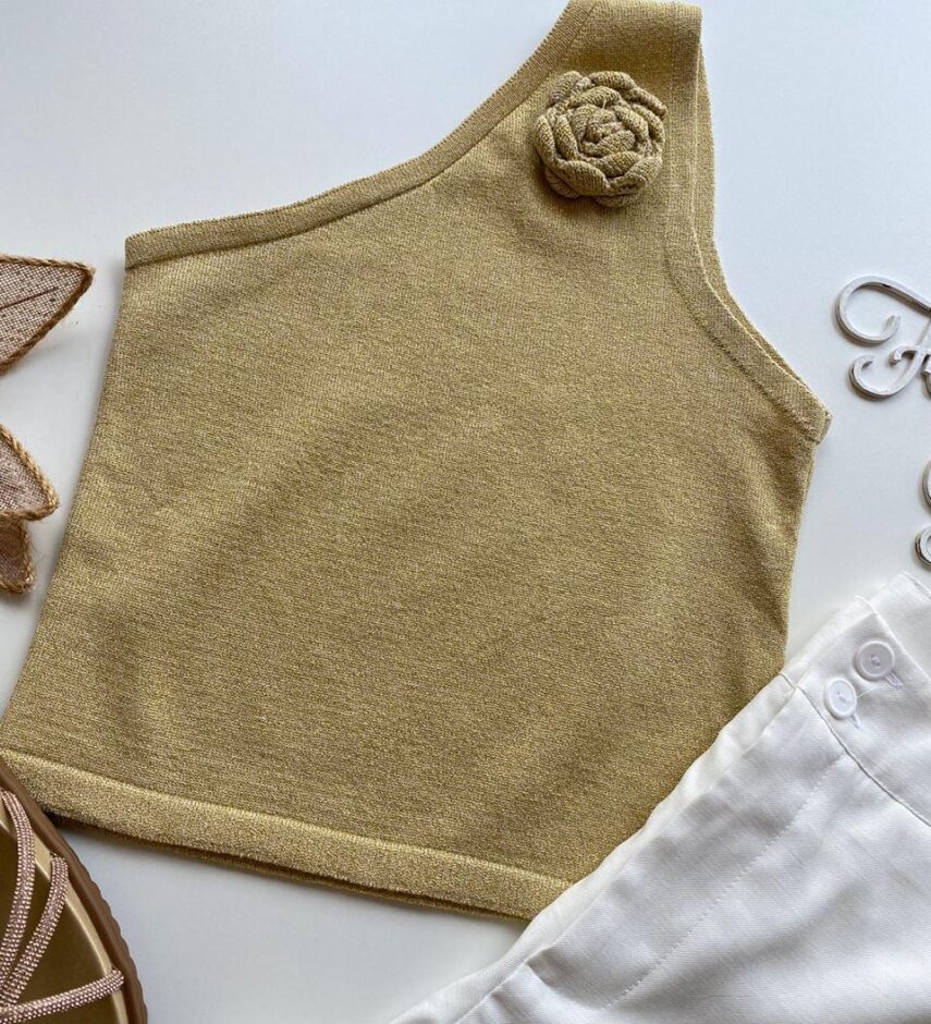 Cropped Feminino Lurex sem Bojo com Detalhe em Flor Dourado Claro - Fernanda Ramos Store