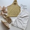 Cropped Feminino Lurex sem Bojo com Detalhe em Flor Dourado Claro - Fernanda Ramos Store