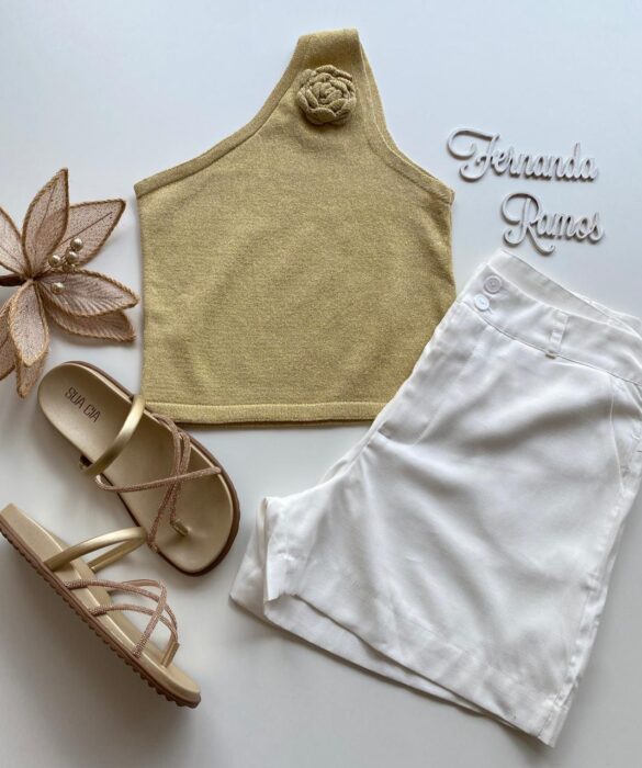 Cropped Feminino Lurex sem Bojo com Detalhe em Flor Dourado Claro - Fernanda Ramos Store