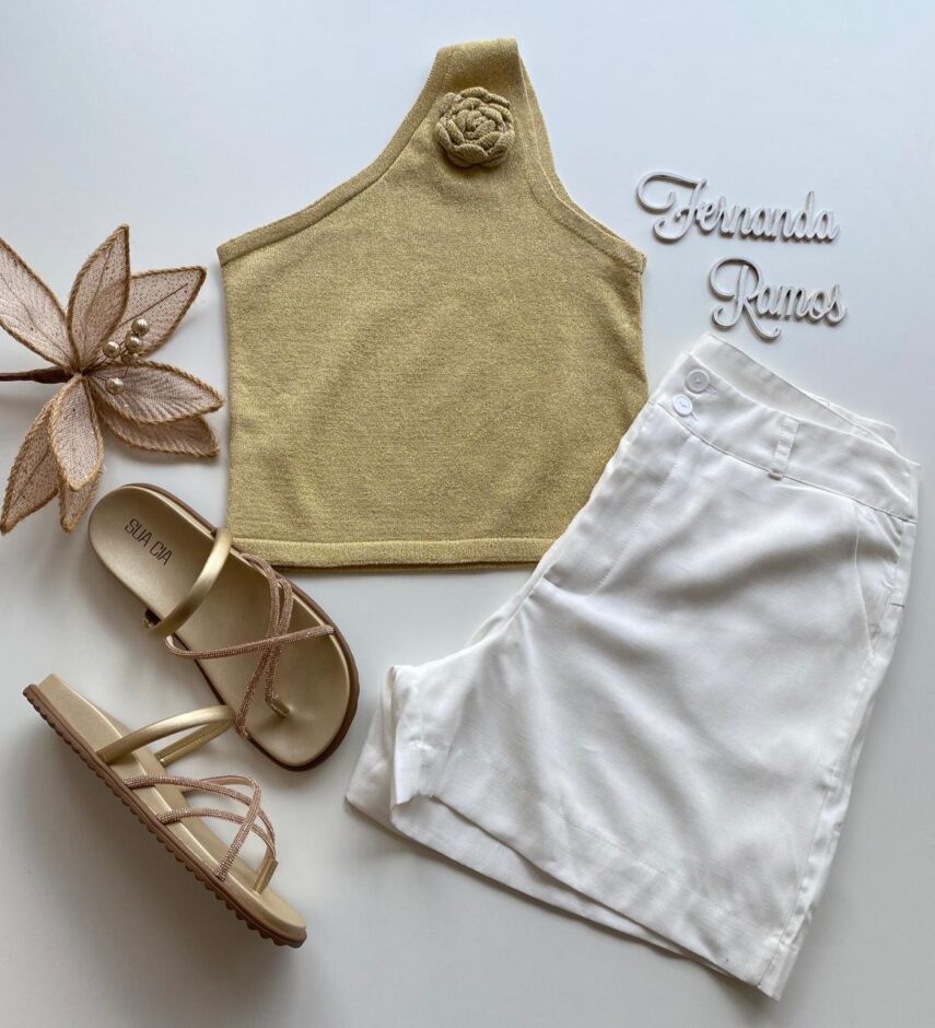 Cropped Feminino Lurex sem Bojo com Detalhe em Flor Dourado Claro - Fernanda Ramos Store