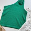 Cropped Feminino Lurex sem Bojo com Detalhe em Flor Verde - Fernanda Ramos Store