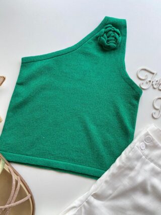 Cropped Feminino Lurex sem Bojo com Detalhe em Flor Verde - Fernanda Ramos Store