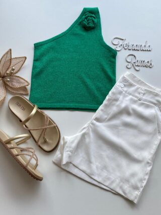 Cropped Feminino Lurex sem Bojo com Detalhe em Flor Verde - Fernanda Ramos Store