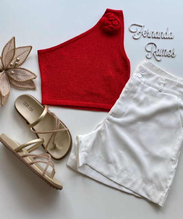 Cropped Feminino Lurex sem Bojo com Detalhe em Flor Vermelho - Fernanda Ramos Store