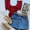 Cropped Feminino Tricot Liz com Detalhe nas Mangas Vermelho - Fernanda Ramos Store