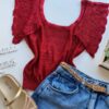 Cropped Feminino Tricot Liz com Detalhe nas Mangas Vermelho - Fernanda Ramos Store