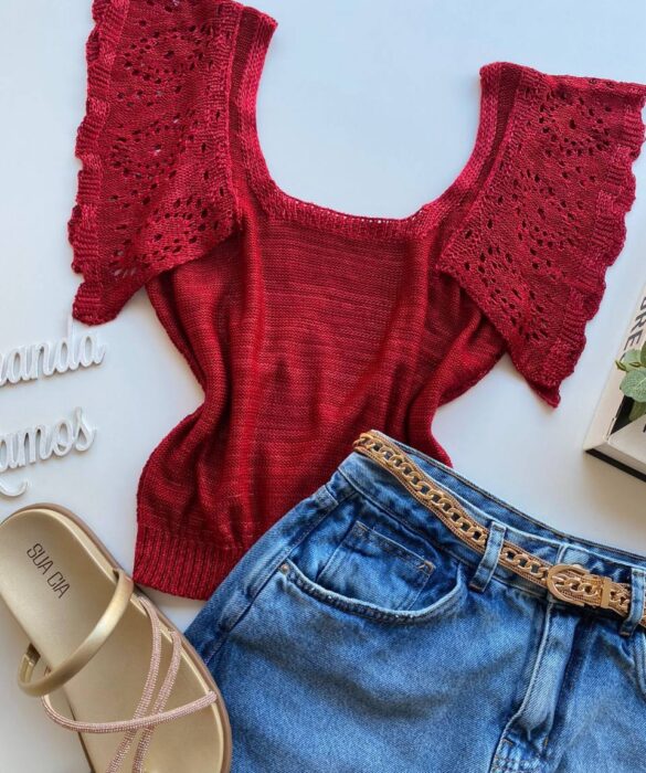 Cropped Feminino Tricot Liz com Detalhe nas Mangas Vermelho - Fernanda Ramos Store