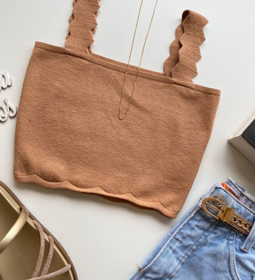 Cropped Feminino Tricot sem Bojo com Detalhe na Alça Bege - Fernanda Ramos Store