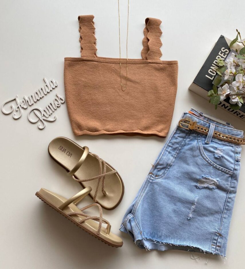 Cropped Feminino Tricot sem Bojo com Detalhe na Alça Bege - Fernanda Ramos Store